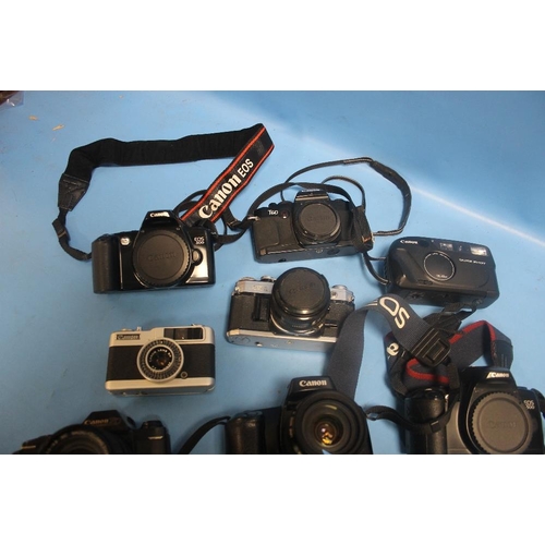 218 - A TRAY CONTAINING 10 CANON CAMERAS TO INCLUDE A EOS650, T50, AND AN EOS 1000F