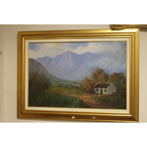 22 - A GILT FRAMED OIL ON CANVAS OF A SOUTH AFRICAN MOUNTAIN SCENE SIGNED BY  CASEY VAN DER LEEK 113 CM X... 