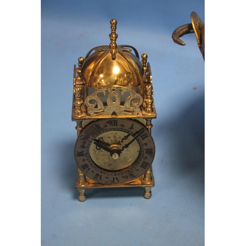 220 - A SOLID BRASS JAM PAN, SET OF SCALES AND A MANTLE CLOCK