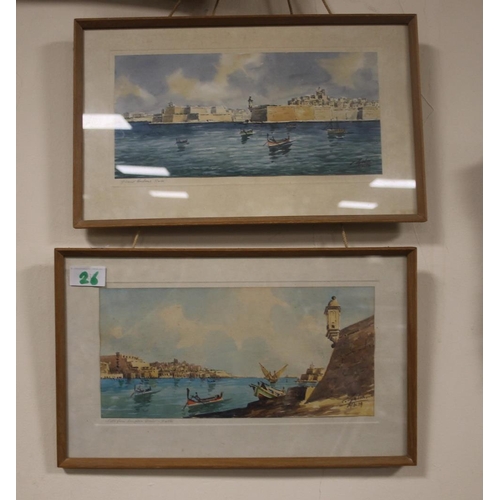 26 - CARMELO GALEA, A PAIR OF FRAMED WATERCOLOURS OF MALTA, VALLETTA AND THE GRAND HARBOUR, BOTH SIGNED L... 