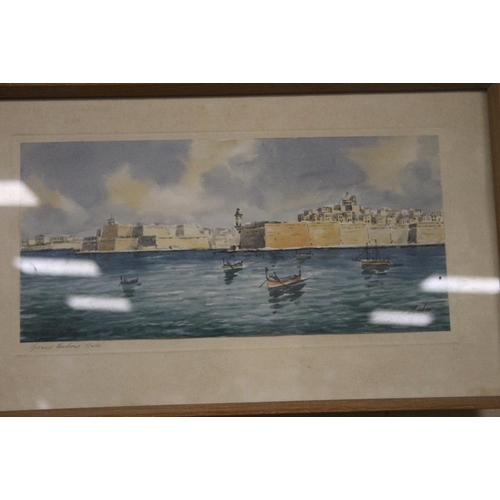 26 - CARMELO GALEA, A PAIR OF FRAMED WATERCOLOURS OF MALTA, VALLETTA AND THE GRAND HARBOUR, BOTH SIGNED L... 