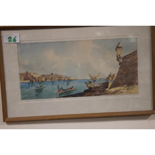 26 - CARMELO GALEA, A PAIR OF FRAMED WATERCOLOURS OF MALTA, VALLETTA AND THE GRAND HARBOUR, BOTH SIGNED L... 