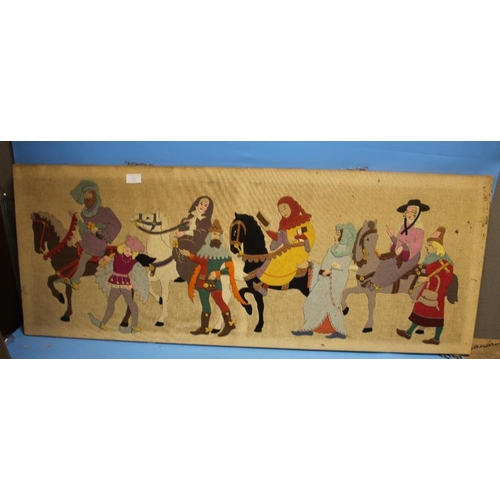 28 - A FELT PICTURE DEPICTING CHAUCER TYPE SCENE 119 CM X 46 CM