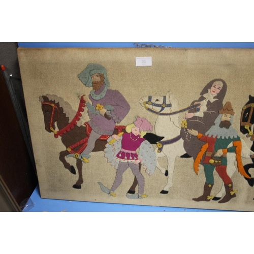 28 - A FELT PICTURE DEPICTING CHAUCER TYPE SCENE 119 CM X 46 CM