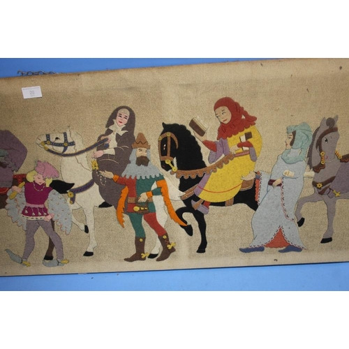 28 - A FELT PICTURE DEPICTING CHAUCER TYPE SCENE 119 CM X 46 CM