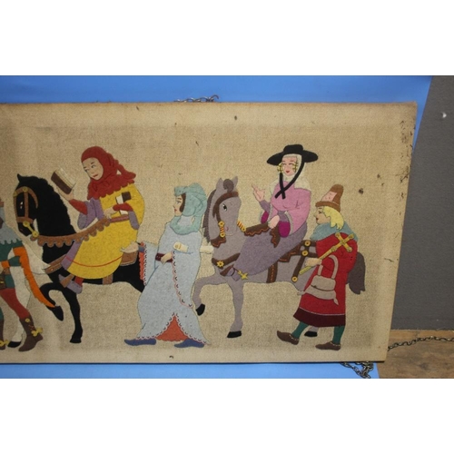 28 - A FELT PICTURE DEPICTING CHAUCER TYPE SCENE 119 CM X 46 CM