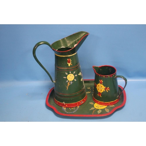 284 - TWO BARGEWARE JUGS AND A TRAY