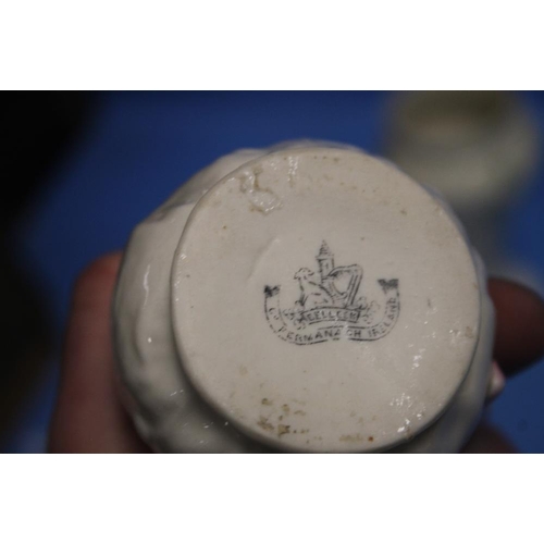 294 - TWO BELLEEK VASES TOGETHER WITH A DISH AND A JUG