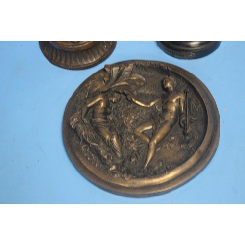 319 - A SPELTER STYLE FIGURE TOGETHER WITH ANOTHER FIGURE AND A PLAQUE