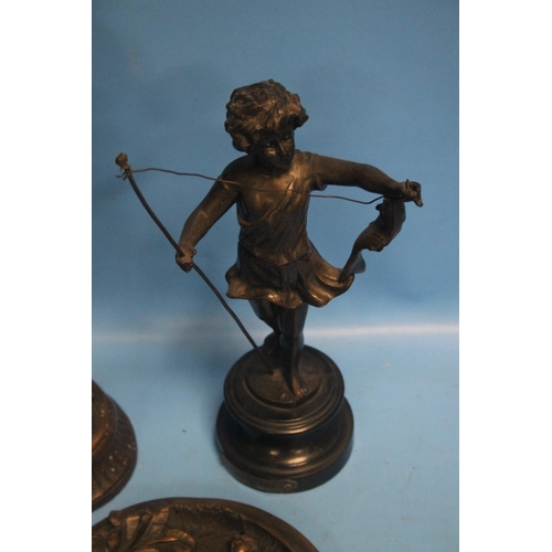 319 - A SPELTER STYLE FIGURE TOGETHER WITH ANOTHER FIGURE AND A PLAQUE