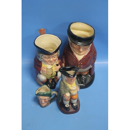 325 - A COLLECTION OF THREE ROYAL DOULTON TOBY JUGS  - 'THE HUNTSMAN', 'HAPPY JOHN', 'JOLLY TOBY' AND SMAL... 