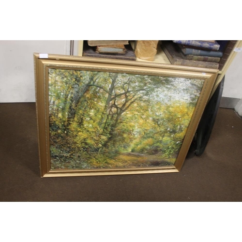 33 - A OIL PAINTING ON CANVAS OF A FOREST SCENE SIGNED BY C SIMMONDS 104 CM 84 CM