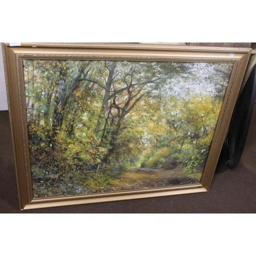 33 - A OIL PAINTING ON CANVAS OF A FOREST SCENE SIGNED BY C SIMMONDS 104 CM 84 CM