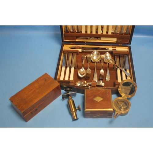 332 - A CASED NAUTICAL COMPASS, CANTEEN OF CUTLERY ETC