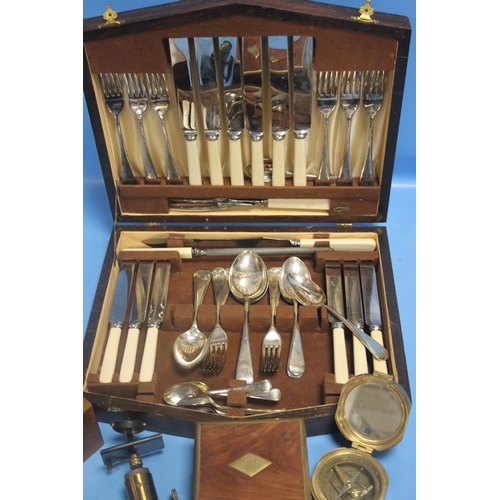 332 - A CASED NAUTICAL COMPASS, CANTEEN OF CUTLERY ETC