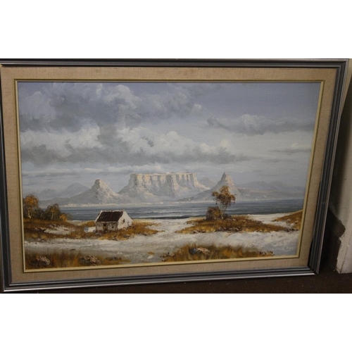 38 - A OIL PAINTING ON BOARD OF TABLETOP MOUNTAIN SOUTH AFRICA 104 CM X 74.5 CM