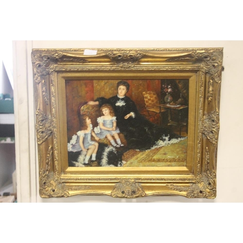 39 - A GILT FRAMED OIL ON BOARD OF A MOTHER AND TWO CHILDREN, SIGNED LOWER RIGHT 