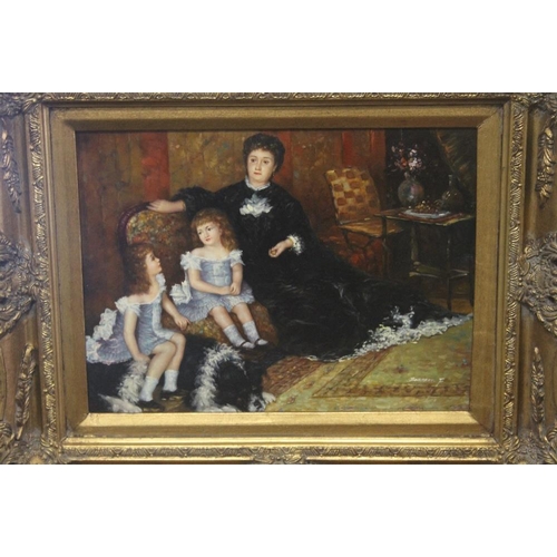 39 - A GILT FRAMED OIL ON BOARD OF A MOTHER AND TWO CHILDREN, SIGNED LOWER RIGHT 