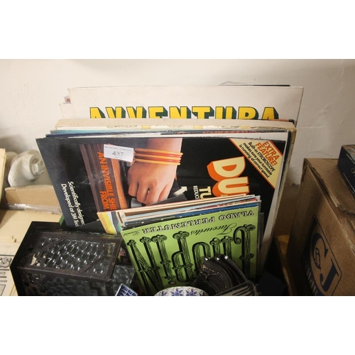 437 - A TRAY OF SUNDRIES AND CERAMICS TO INCLUDE A SMALL COLLECTION OF CLASSICAL RECORDS