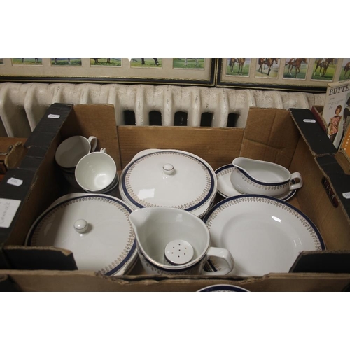 443 - TWO TRAYS OF WOOD AND SUNDRIES TEA AND DINNERWARE