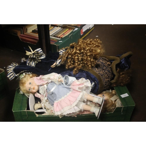 449 - A BOX OF PORCELAIN HEADED COLLECTORS DOLLS