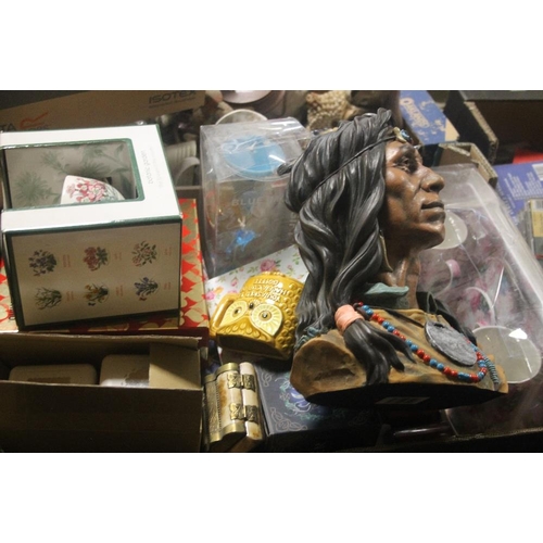 457 - FOUR BOXES OF ORNAMENTS AND GLASSWARE TO INCLUDE AN INDIAN CHIEF BUST