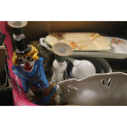 463 - THREE BOXES OF COLLECTABLES AND ORNAMENTS TO INCLUDE A GLASS CLOWN