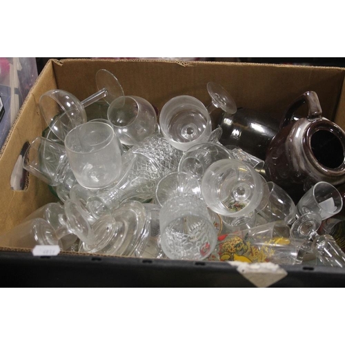 465 - FOUR BOXES OF CHINA AND GLASSWARE TO INCLUDE TOBY JUGS AND COLLECTORS TEAPOTS