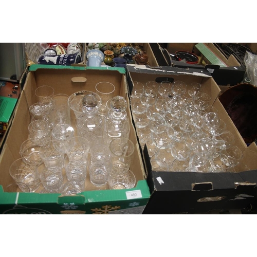 493 - TWO BOXES OF GLASSWARE TO INCLUDE CUT GLASS (TRAYS NOT INCLUDED)