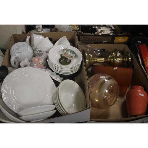 521 - THREE TRAYS OF CHINA, GLASSWARE ETC TO INCLUDE A OIL LAMP (TRAYS NOT INCLUDED)