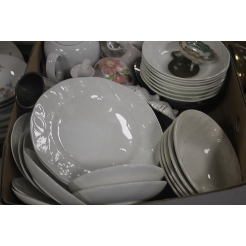 521 - THREE TRAYS OF CHINA, GLASSWARE ETC TO INCLUDE A OIL LAMP (TRAYS NOT INCLUDED)