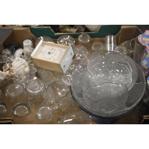 536 - THREE TRAYS OF GLASSWARE, CHINA, ORNAMENTS ETC (TRAYS NOT INCLUDED)