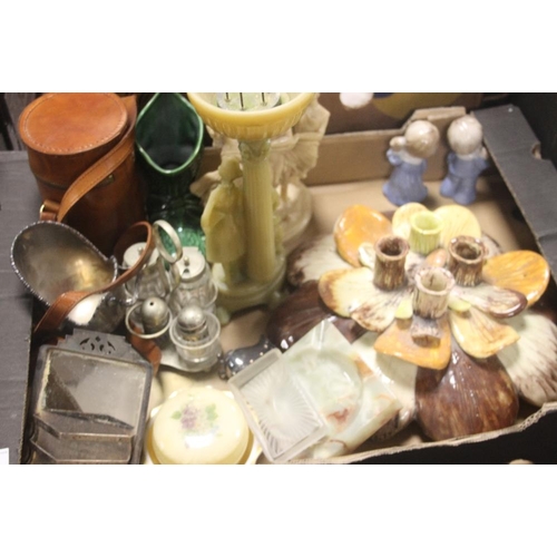 540 - TWO TRAYS OF CERAMICS AND COLLECTIBLES TO INCLUDE A CANDLE STAND LEATHER BAR SET, DRESSING TABLE SET... 