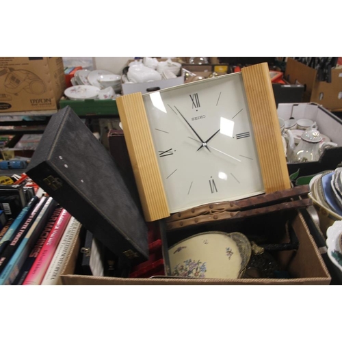 546 - A TRAY OF COLLECTIBLES AND FLATWARE TO INCLUDE A SEIKO WALL CLOCK DRESSING TABLE SET, BONE HANDLED K... 