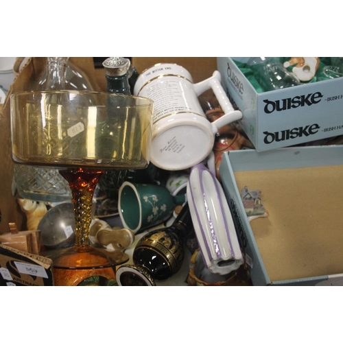 569 - TWO TRAYS OF ORNAMENTS, GLASSWARE AND COLLECTABLES TO INCLUDE A QUANTITY OF TINS