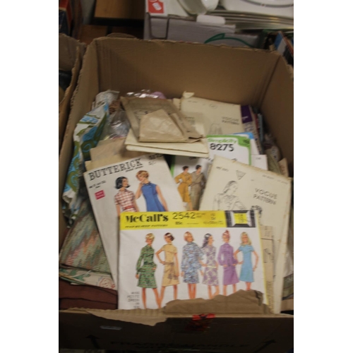 583 - THREE BOXES OF WOOL, COTTONS AND MATERIAL WITH SEWING PATTERNS TO INCLUDE VOGUE, BUTTERICK, SIMPLICI... 