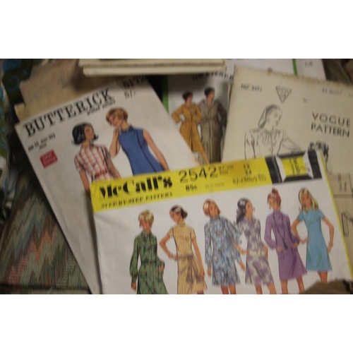 583 - THREE BOXES OF WOOL, COTTONS AND MATERIAL WITH SEWING PATTERNS TO INCLUDE VOGUE, BUTTERICK, SIMPLICI... 