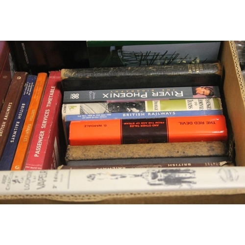 597 - A TRAY OF ASSORTED GLASSWARE AND CERAMICS TOGETHER WITH A TRAY OF ASSORTED BOOKS AND RECORDS (TRAYS ... 