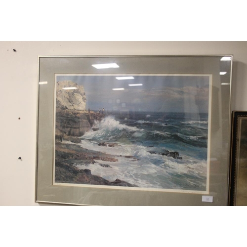 60 - A FRAMED AND GLAZED DINO PARAVANO LIMITED EDITION PRINT FISHING OFF THE ROCKS 98/350 75 CM X 59 CM