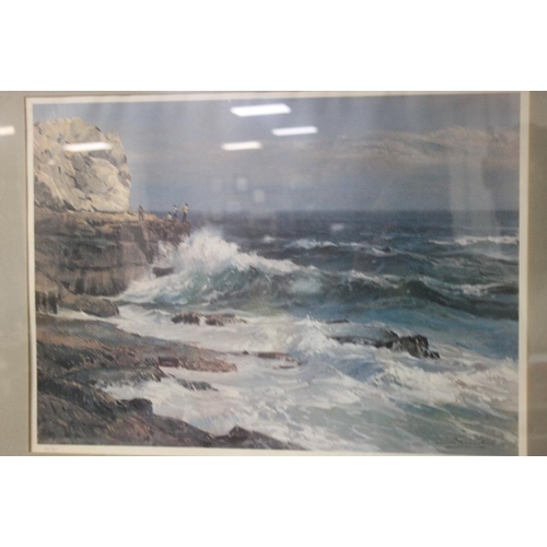 60 - A FRAMED AND GLAZED DINO PARAVANO LIMITED EDITION PRINT FISHING OFF THE ROCKS 98/350 75 CM X 59 CM