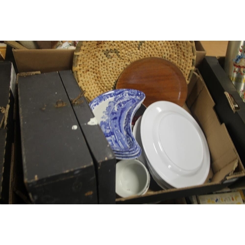 602 - FOUR TRAYS OF ASSORTED CERAMICS AND SUNDRIES (TRAYS NOT INCLUDED)