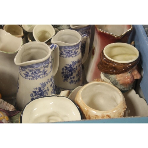 629 - A TRAY OF ASSORTED CERAMICS TO INCLUDE TOBY JUGS (TRAYS NOT INCLUDED)