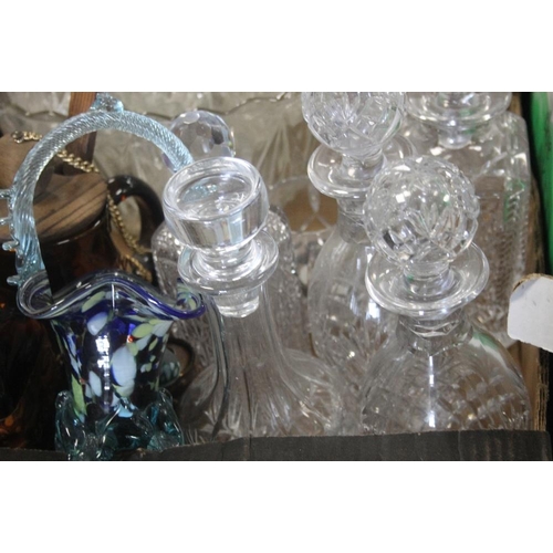 650 - TWO TRAYS OF ASSORTED GLASSWARE TO INCLUDE DECANTERS