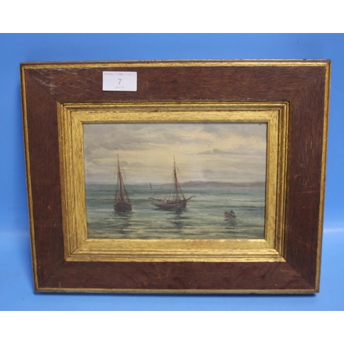 7 - T BARRETT, OIL ON CANVAS OF FISHING BOATS 19TH CENTURY 35 CM X 28 CM