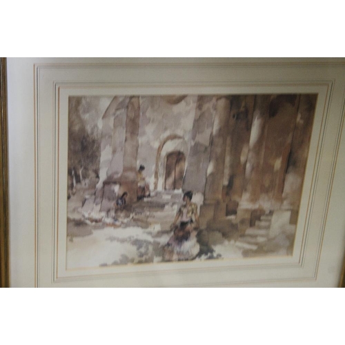 76 - TWO RUSSELL FLINT PRINTS TOGETHER WITH A PRINT OF A CAST IRON BRIDGE COALBROOK DALE