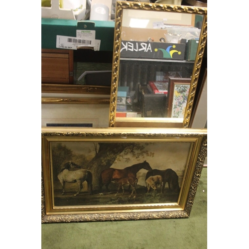 81 - A FRAMED OIL ON CANVAS DEPICTING HORSES TOGETHER WITH A GILT MIRROR