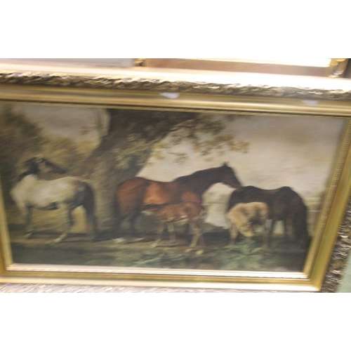 81 - A FRAMED OIL ON CANVAS DEPICTING HORSES TOGETHER WITH A GILT MIRROR