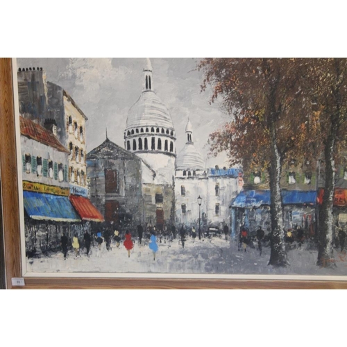 88 - A FRAMED OIL ON CANVAS OF A STREET SCENE 75 CM X 110 CM