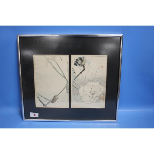 9 - WATANBE SEITEL TWO FRAMED  ANTIQUE JAPANESE WOOD BLOCK PRINTS DEPICTING FLOWERS IN ONE FRAME