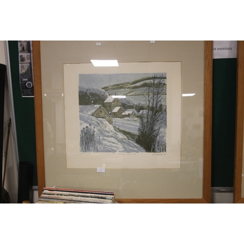 37A - A FRAMED AND GLAZED DON BESSANT PRINT SIGNED IN PENCIL OF A SCENE FROM CIDER WITH ROSIE  82 CM X 82 ... 